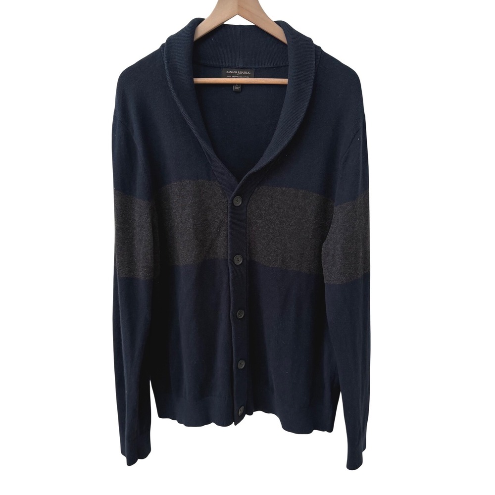 Banana Republic Cardigan Sweater Large Navy Blue Luxe Shawl Collar Stripe